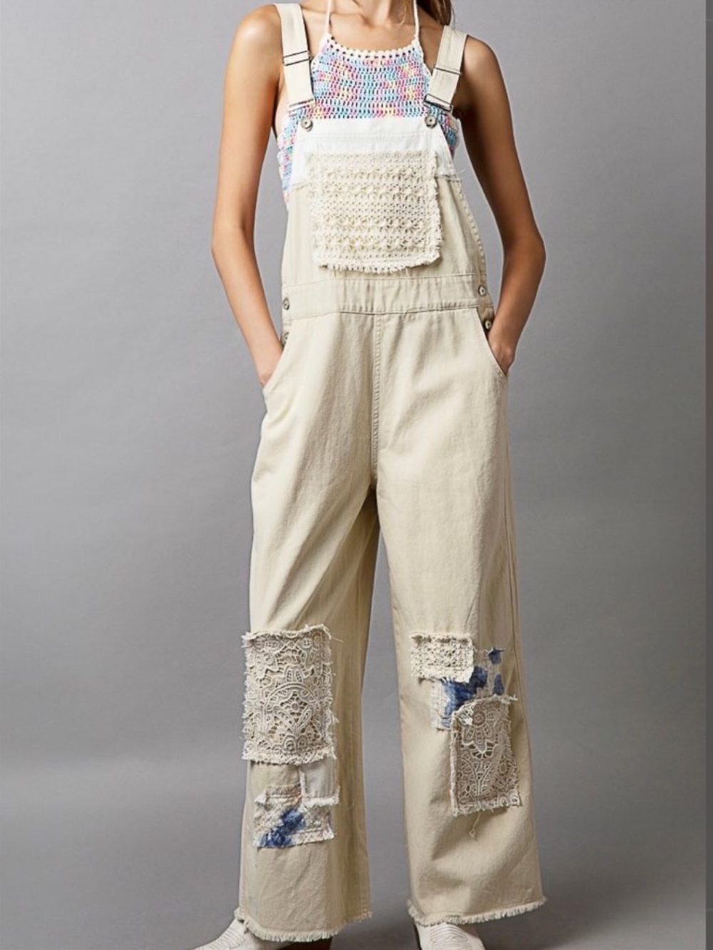 NWOT POL Cream Patchwork Wide Leg Overalls Size Small